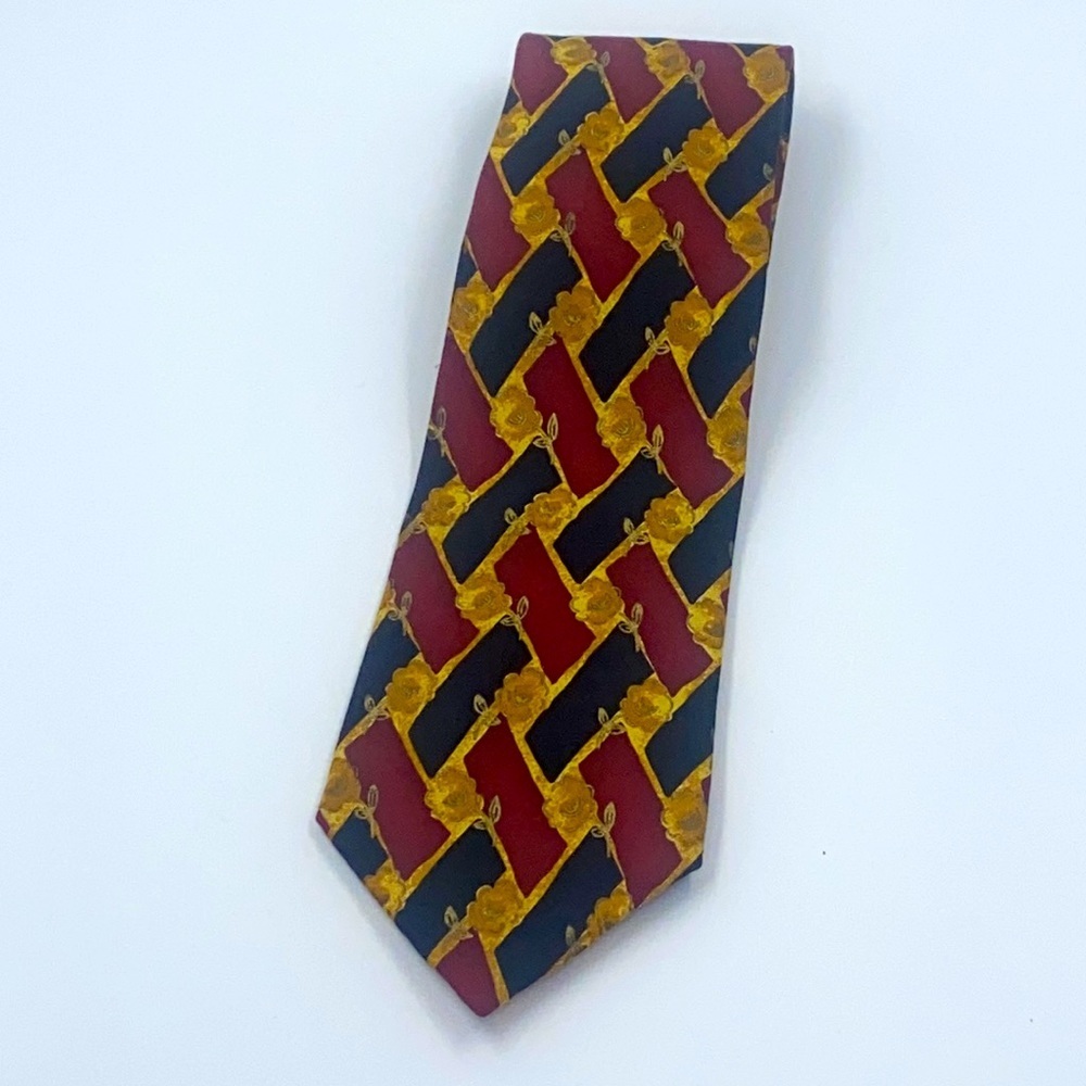 Vintage Prima Italy 100% Silk Tie With Red Black & Gold Floral Diamond Pattern